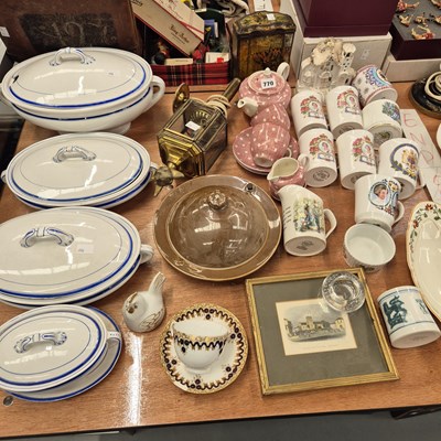 Lot 770 - Four pottery vegetable tureens, a chafing dish...