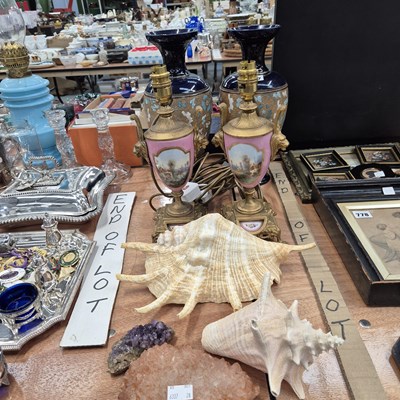 Lot 777 - A pair of rose Pompadour vases as lamps, a...