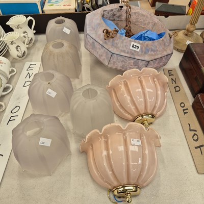 Lot 820 - Five frosted glass light shades, a pair of...