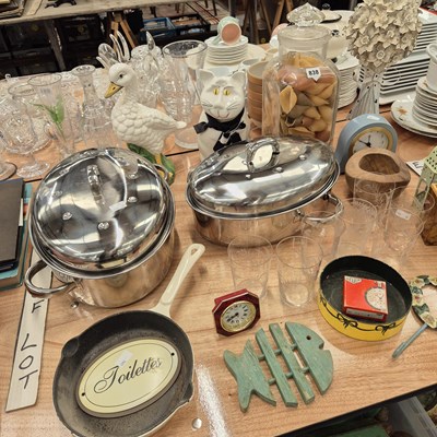 Lot 838 - Two steel fish kettles, two clocks, glass...