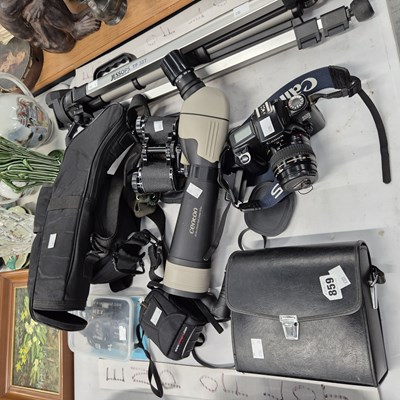 Lot 859 - A Centon telescope with tripod, a Canon camera,...