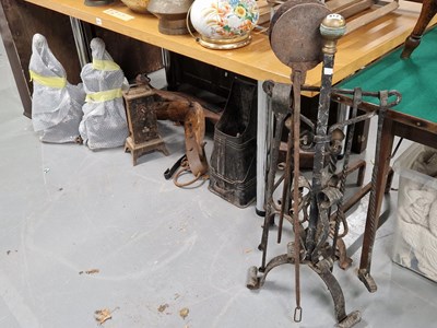 Lot 412 - Wrought iron fire dogs, an ox yoke and other...