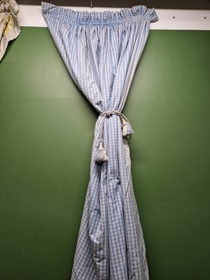Lot 1312B - A pair of blue and white tartan curtains. H...