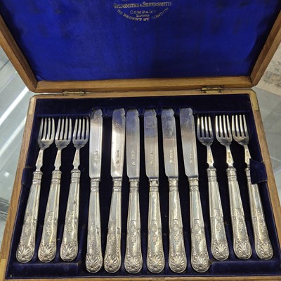 Lot 1378 - An antique hallmarked silver fish cutlery set.