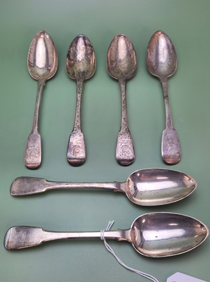 Lot 1415 - Six fiddle pattern table spoons, mainly London...