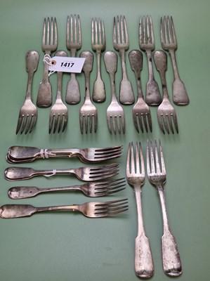 Lot 1417 - Fourteen fiddle pattern table forks, mainly...