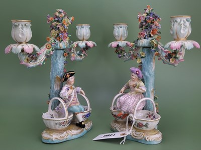 Lot 1490 - A pair of Dresden figural double sweetmeat...