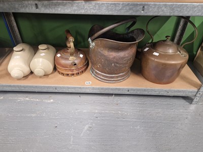 Lot 519 - Two copper kettles, two stoneware hot water...