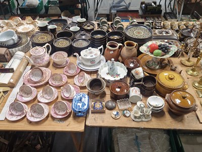 Lot 662 - A pink lustre tea set, brown glazed tureens,...