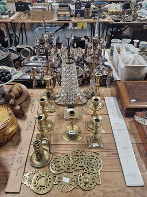 Lot 663 - A pair of candelabra hung with glass drops,...