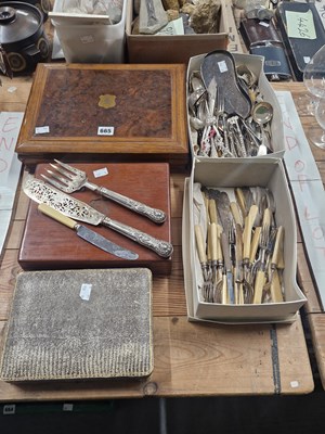 Lot 665 - A pair of silver fish servers, three wooden...