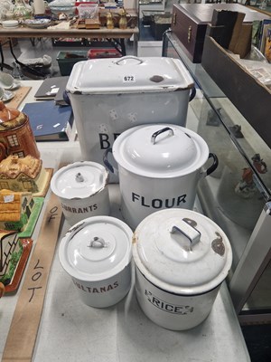 Lot 672 - Five named white enamel storage vessels with...