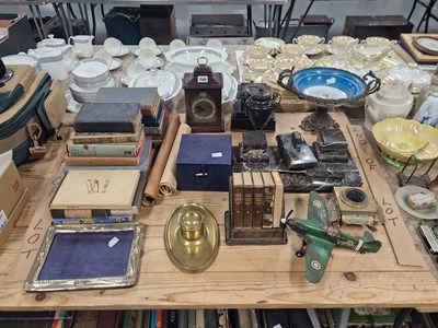 Lot 705 - A mottled grey marble desk set, a mantle clock,...