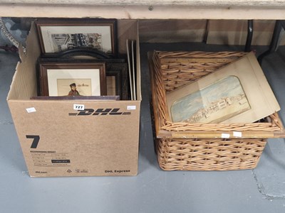Lot 727 - A basket with framed prints, photographs and...