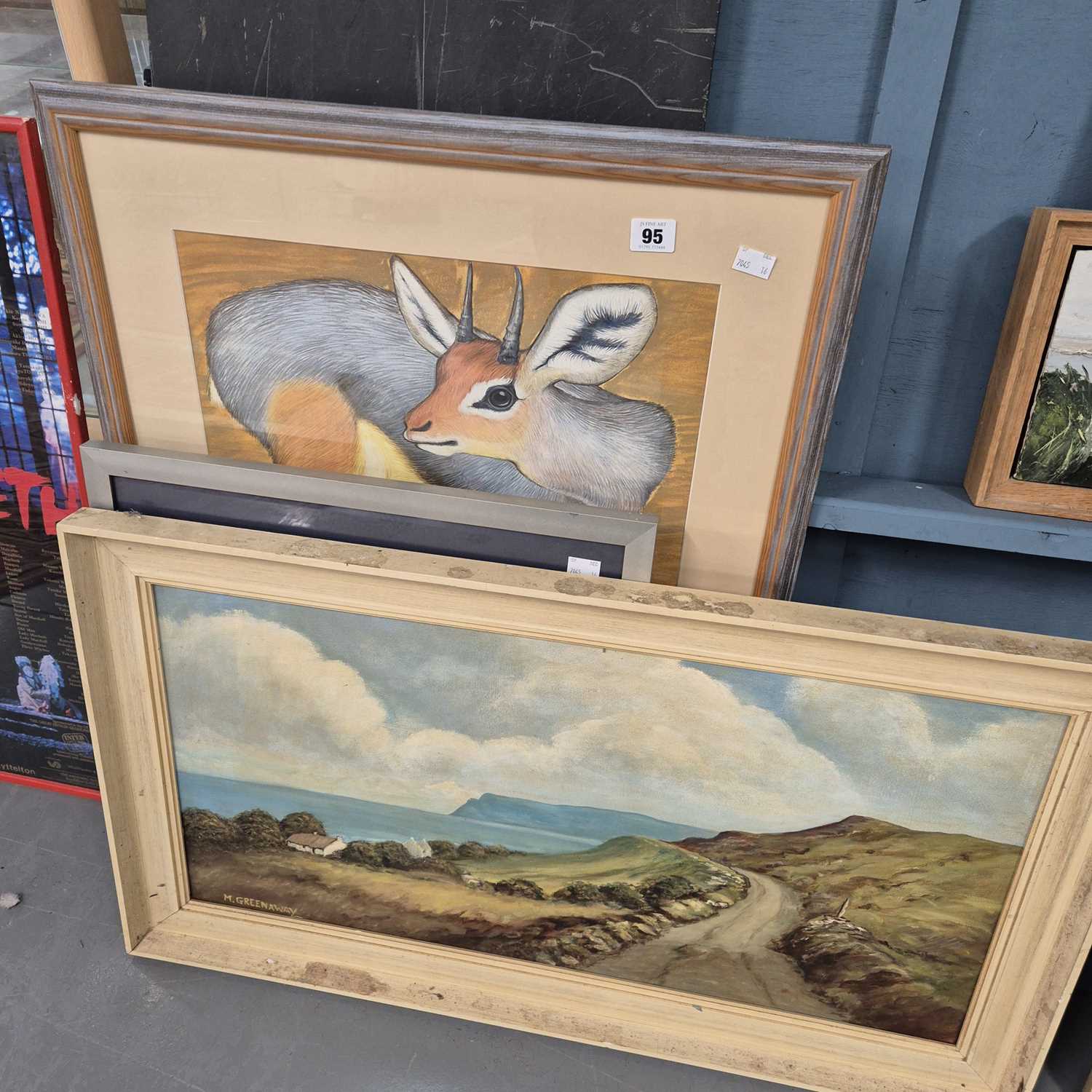 Lot 95 - A watercolour study of an antelope, an oil...