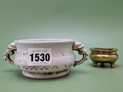 Lot 1530 - A blanc de Chinese two handled censer. Dia....
