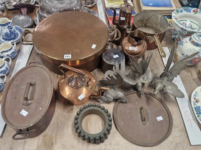 Lot 771 - A copper jam pan and cover, other copper...