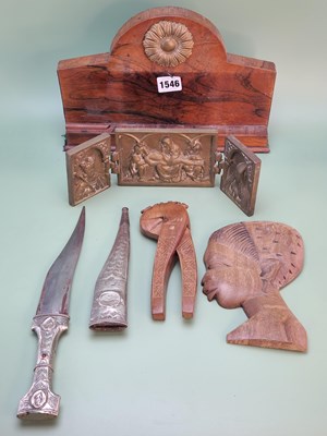 Lot 1546 - A brass triptych ikon, an African carved wood...