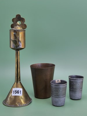 Lot 1561 - A 19th century brass whale oil lamp, a copper...