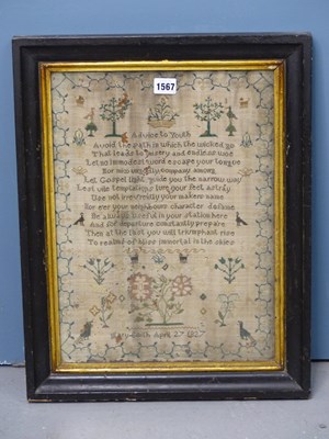 Lot 1567 - Mary Smith's 1827 sampler worked with a verse,...
