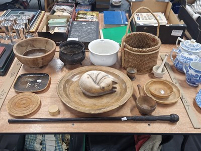 Lot 837 - A treen dairy bowl, other treen, a bucket form...