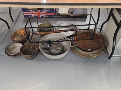 Lot 850 - Brass and other metal jam pans, a copper...