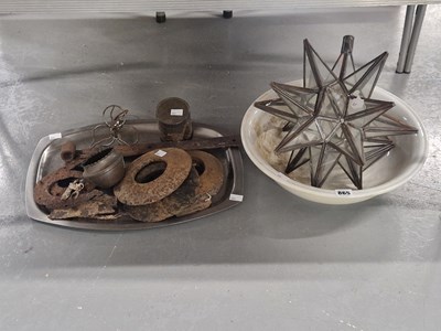 Lot 865 - A glazed star form shade, a wash bowl, iron...