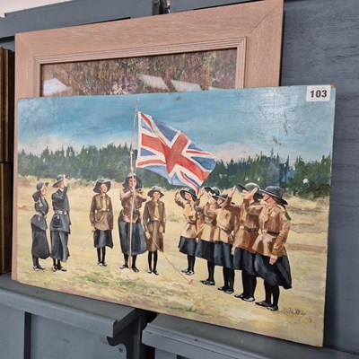 Lot 103 - An oil on board of girl guides and a print