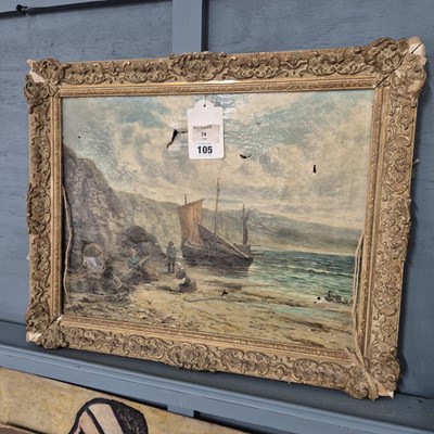 Lot 105 - R J Hammond, beach scene oil on canvas. 45 x...