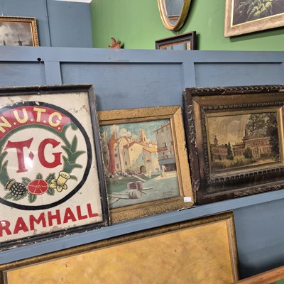 Lot 106 - Two oil paintings and a sewn banner
