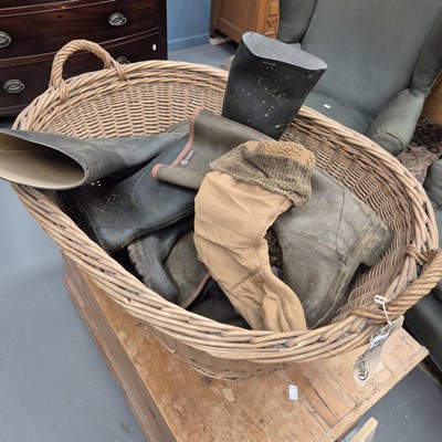 Lot 155 - A collection of Wellington boots and a wicker...