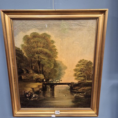 Lot 176 - 19th century oil on canvas, cattle on a rural...
