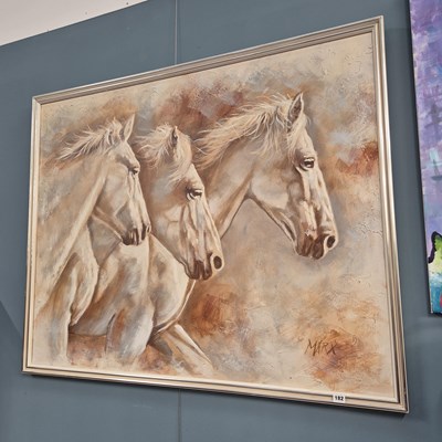 Lot 182 - A large oil painting, three horses. 107 x 132cm.
