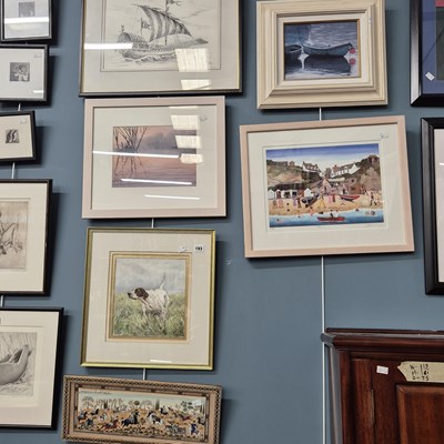 Lot 193 - A small oil painting of moored boats, a...