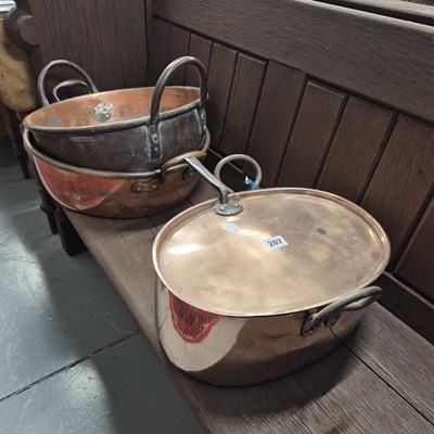 Lot 207 - Three antique copper cooking pans