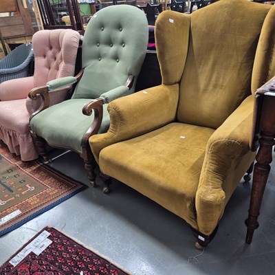 Lot 209 - Two Victorian button back chairs and a...