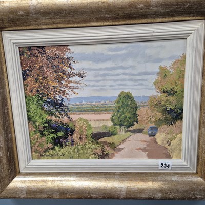 Lot 234 - Peter Lawrence, a country lane with distant...