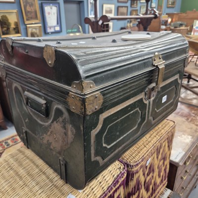 Lot 272 - An antique tin trunk. H 40 W 59 D 40cm