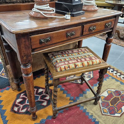 Lot 356 - A mahogany side table and an oak stool. H 80 W...