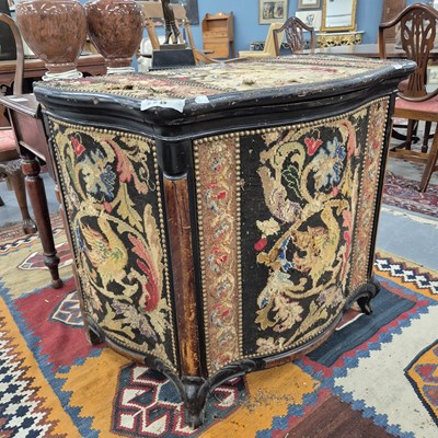 Lot 359 - A large antique log box with needlepoint...