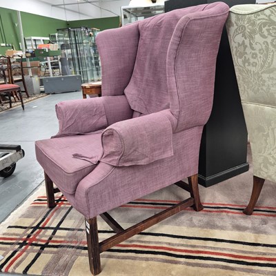 Lot 365 - A Pair of Georgian style wing back armchairs...