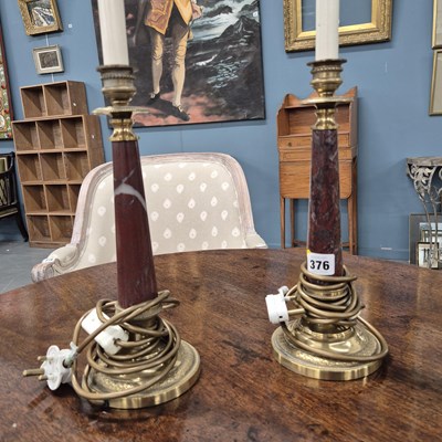 Lot 376 - A pair of gilt brass and marble table lamps. H...