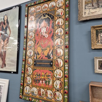 Lot 390 - A large eastern hand painted panel. 183x92cm.