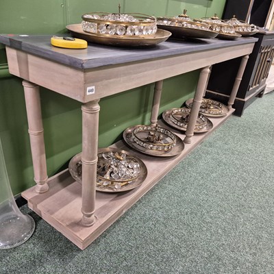 Lot 440 - A grey painted long hall table. H78 W 213 D 40 cm