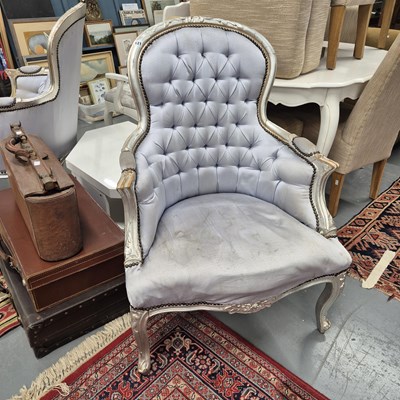 Lot 121 - A pair of French style button back chairs.