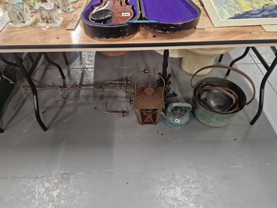Lot 925 - A pair of steel candelabra,, a brass jam pan,...