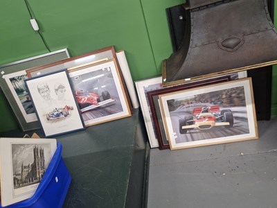 Lot 952 - Seven framed racing car prints together with...