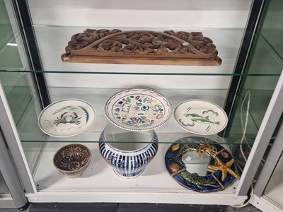 Lot 976 - Three Poole dishes, a pierced and carved wood...