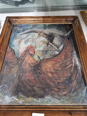 Lot 955A - An oil painting depicting a cock fight with spurs