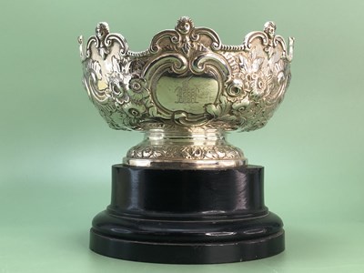 Lot 1201 - A silver monteith shaped bowl and wood stand...